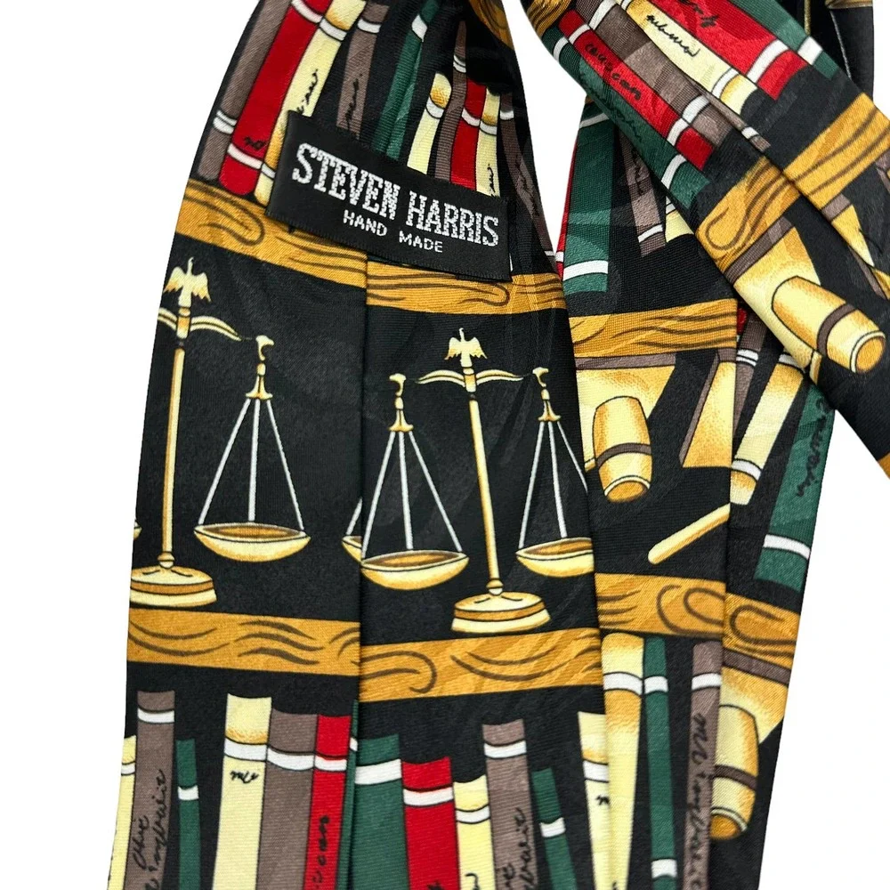 MULTICOLOR JUSTICE SCALE, MALLET, LAW BOOKS ALL OVER PRINT MEN’S TIE
